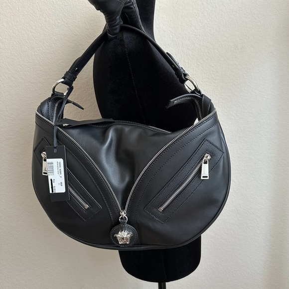 NWT Versace Logo Authentic Repeat Maxi Leather Shoulder Bag Black - Picture 10 of 14